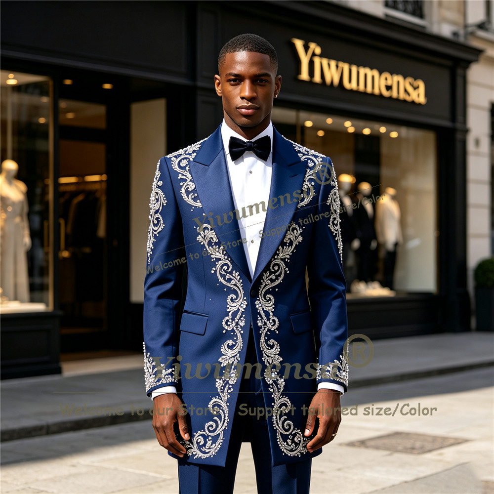 Formal Wear For Men In Wedding - بدلة رجالية مزينة بالكريستالات المصنوعة يدويًا،